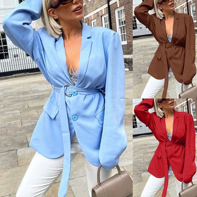 Blazer Women's Spring and Autumn 2024 Sexy V-neck Single-breasted Elegant Belt Long-sleeved Lace-up Office Ladies Slim Blazer