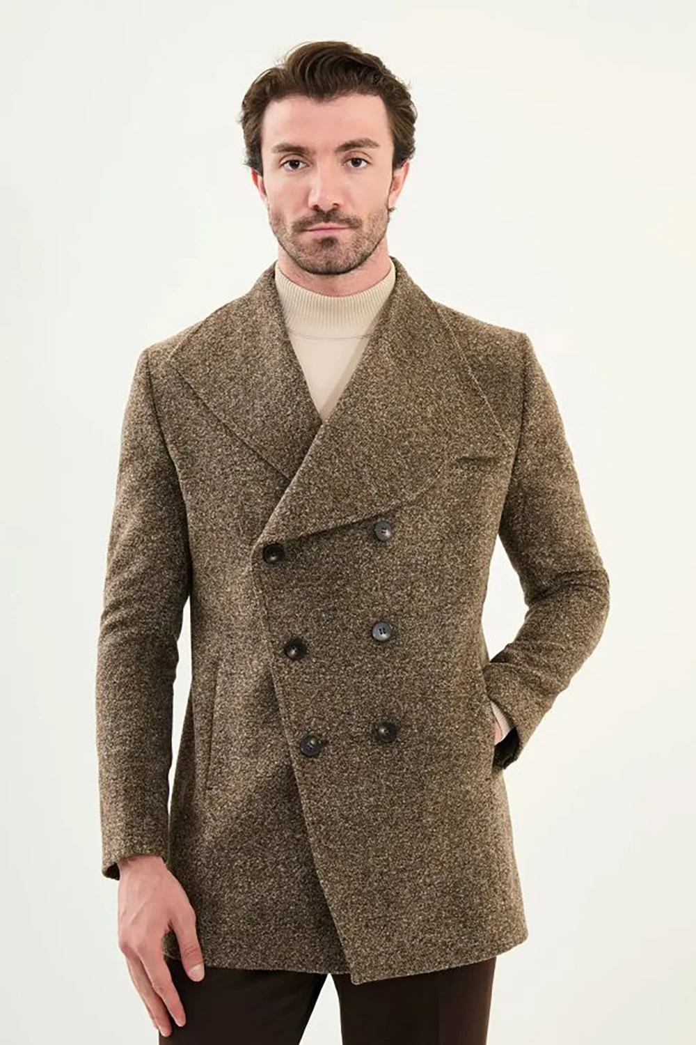 معطف صوفي حديث طويل للرجال بلغت ذروتها معطف مزدوج الصدر بقصة ضيقة سترة عمل فقط مصنوعة حسب الطلب