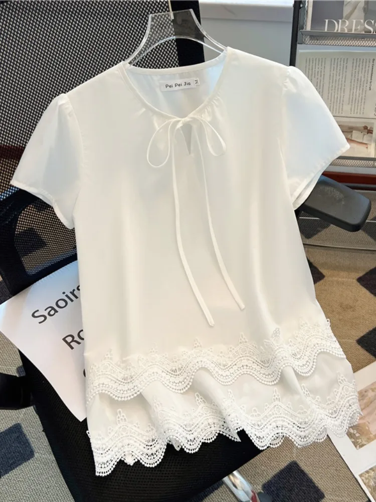 

Летний белый кружевной топ с узлом ort Sve, женский корейский свободный крой из смеси хлопка с дизайном irt Self-Kept