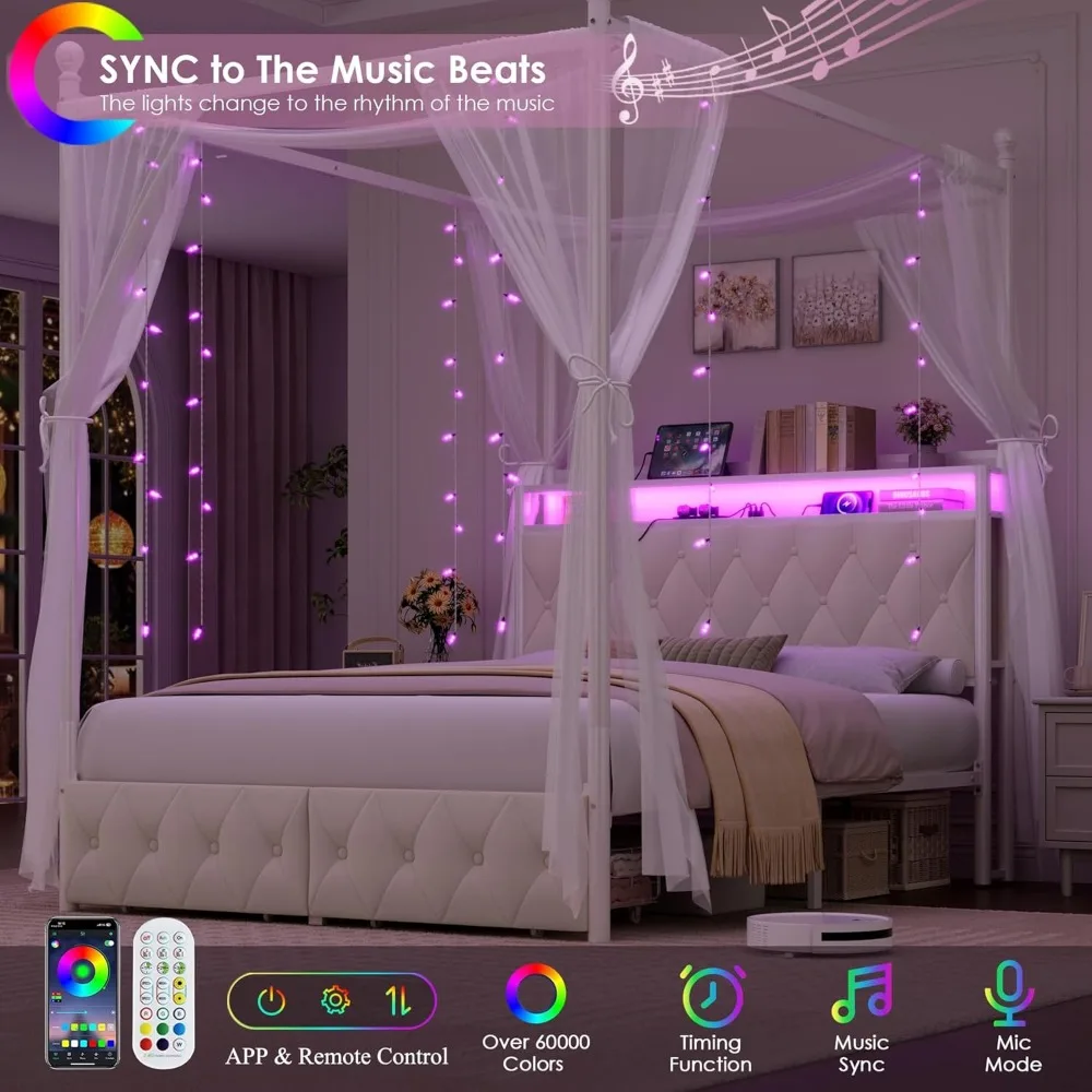 إطار سرير بمظلة LED منجد بحجم كوين مع محطة تخزين وشحن، لوح رأسي للتخزين معنقدة بأزرار مع كتب #3