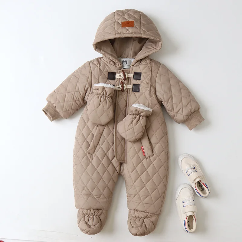 Warm Fleece Hooded Baby Romper Horn Button Infant Jumpsuits 2024 Winter New Baby Girl Boy Clothing Onesie with Gloves 0-2 year