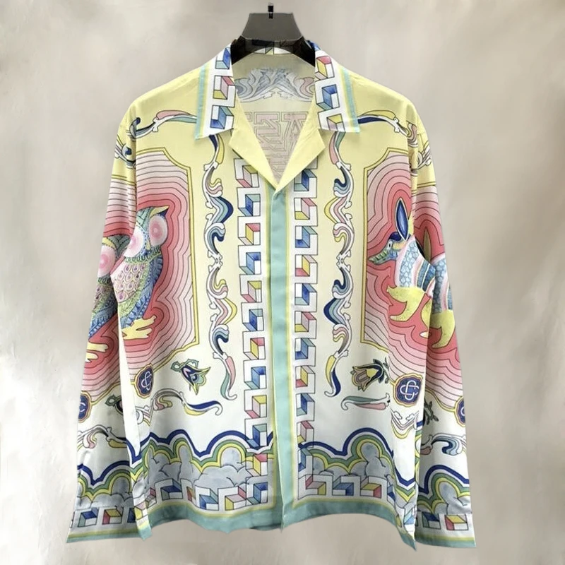 

2024 Casual Color Contrast Geometric Pattern Contrasting Colors Print Loose Clothes Long Sleeve Shirt Holiday Men Hawaiian Shirt