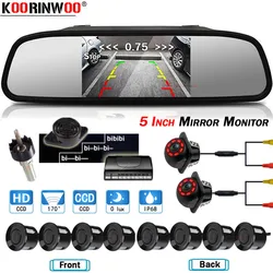 Koorinwoo Car Parking Sensor 5 Inch Mirror Monitor rear view Camera + Front Fort Cam IR Night Vision Alarm System Car Parktronic