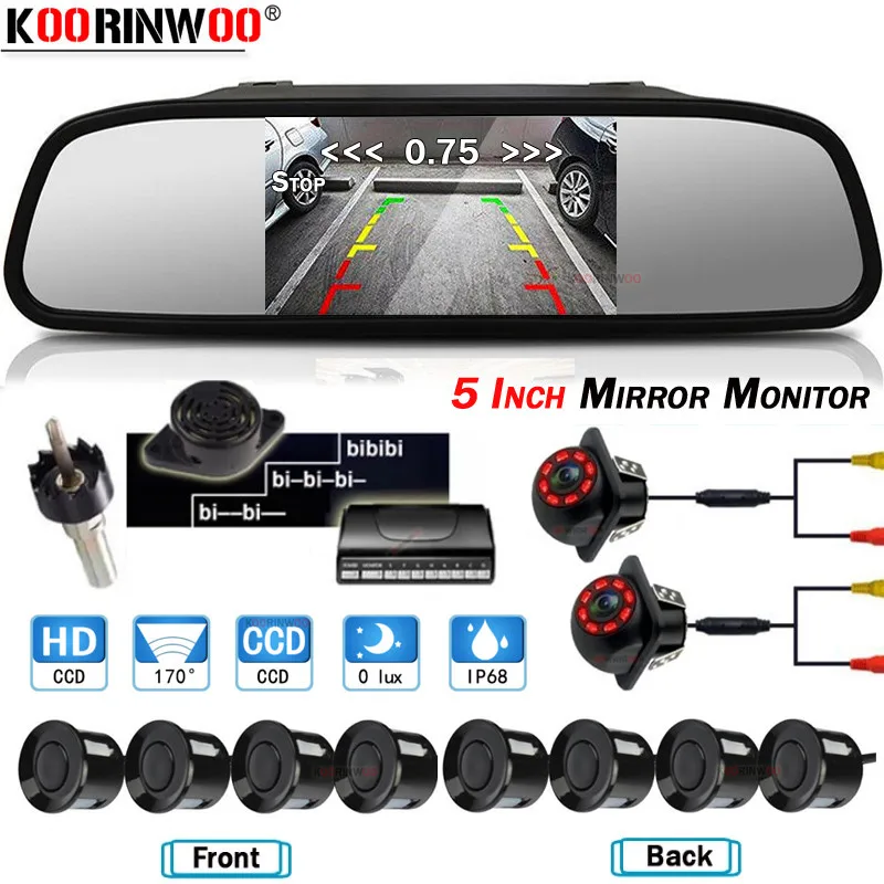 Koorinwoo Car Parking Sensor 5 Inch Mirror Monitor rear view Camera + Front Fort Cam IR Night Vision Alarm System Car Parktronic