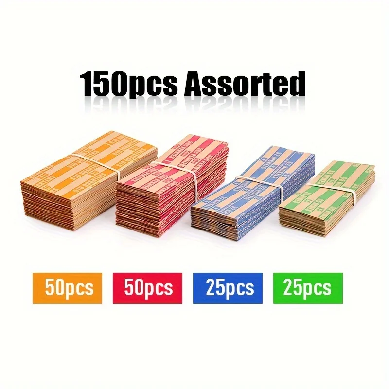 150pcs Assorted, ABA Standards Color Flat Striped Coin Wrappers: Quarters,Dollars,Dimes,Nickels,and Pennies!