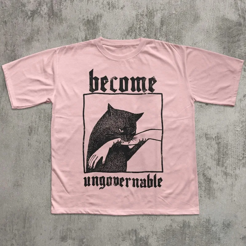 Become Ungovernable Funny Graphic Cat Biting Hand T-shirt, Vintage Graphic Tee, Silly Cats Shirt, Unisex Cotton