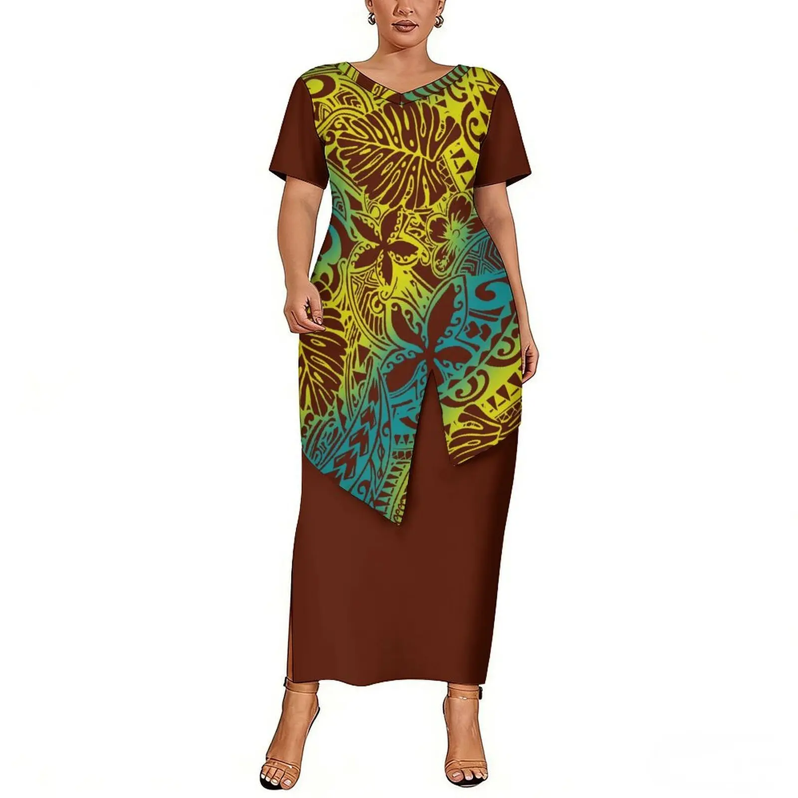 High-Quality Summer Polynesian Women'S Custom-Patterned Puletasi Suit Skirt With Relaxed Tail Hem V-Neck And Fitted Waist