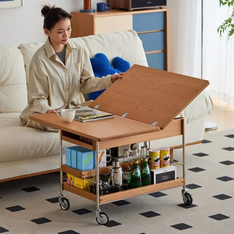 Solid wood coffee table living room household trolley movable folding edge few multi-functional small apartment tea table