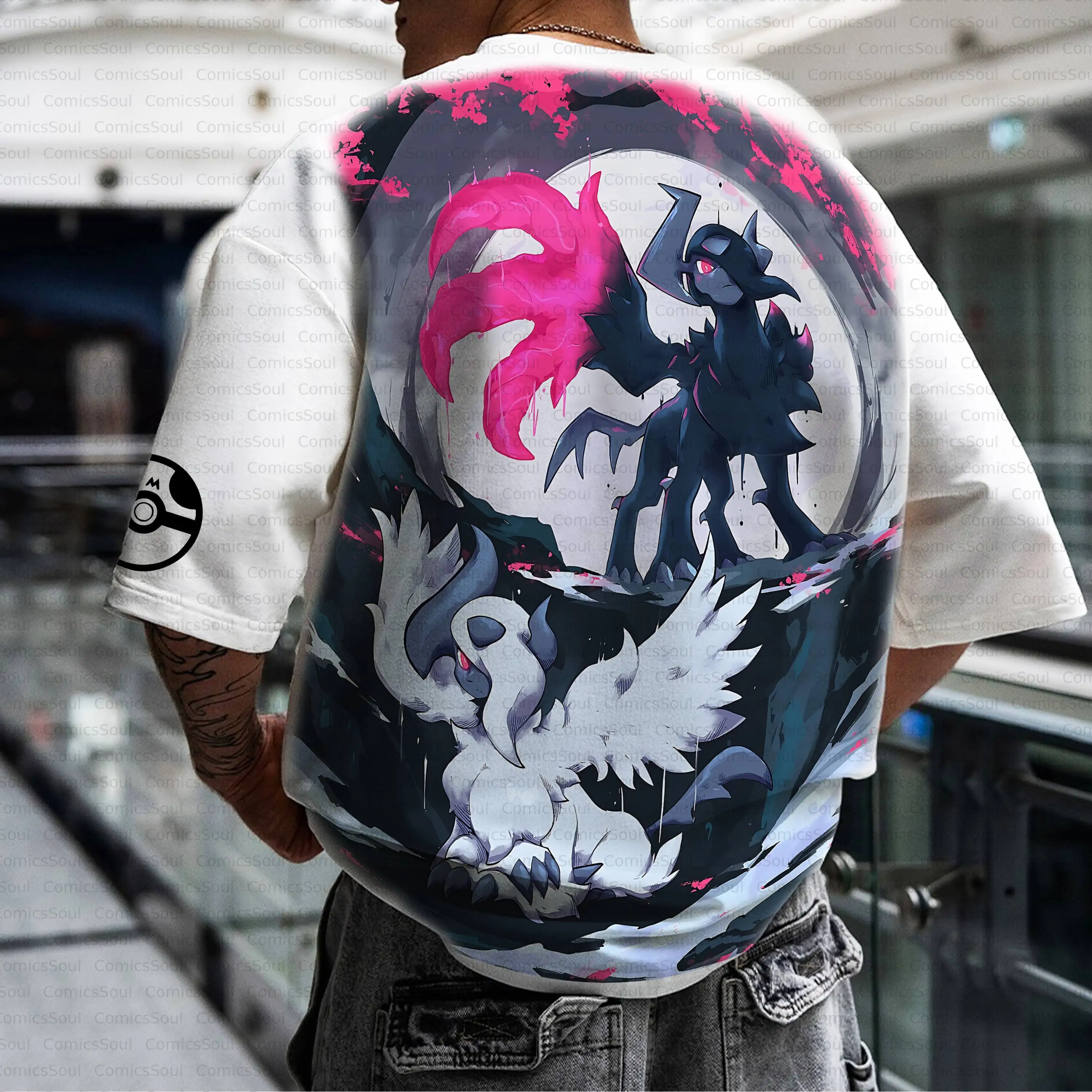 verao-2026-pokemon-algodao-t-camisa-bellossom-e-absoluta-volta-impressao-rosa-respingo-efeito-preto-branco-design-casual-solto-ajuste