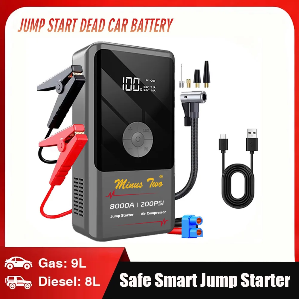 Portable Car Battery Booster 4-IN-1 Jump Starter 150PSI Air Pump Power Bank with Flashlight