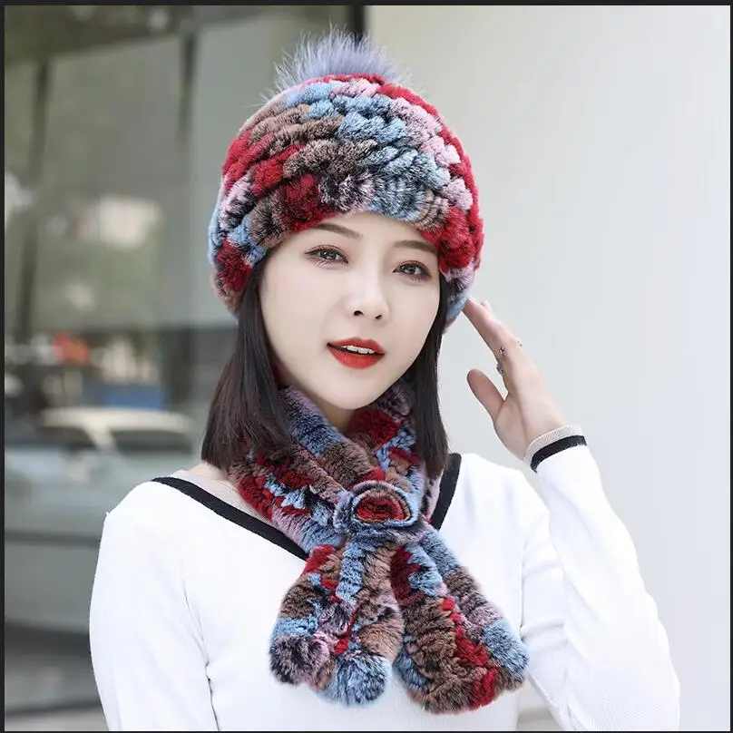 

New Knitted Warm Real Rex Rabbit Fur Hat with Scarf 2 Pieces Sets Winter Women Fashion Fluffy Headgear and Muffler