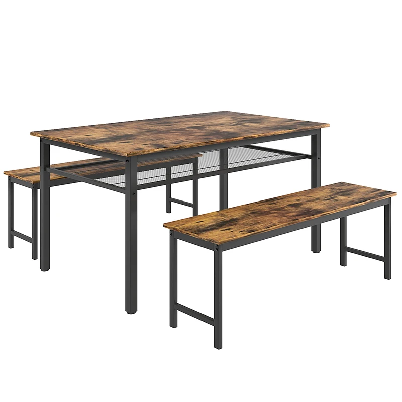 3 Pieces Farmhouse Kitchen Table Set with Two Benches, Metal Frame and MDF Board 