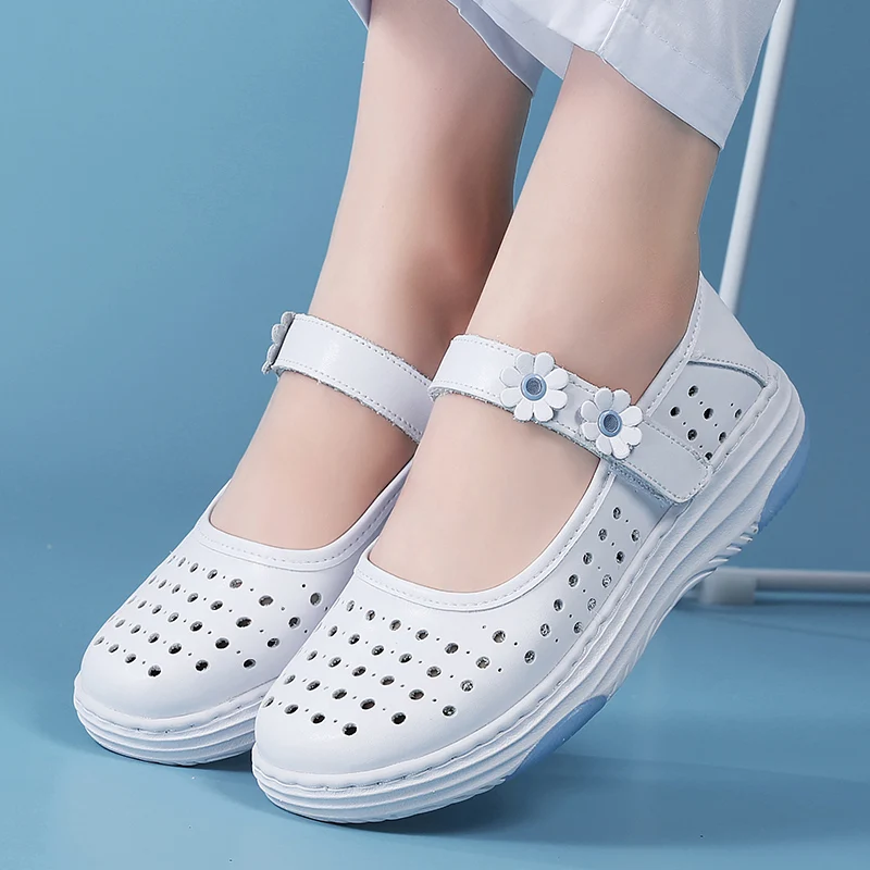 STRONGSHEN Genuine Leather Women Nurse Shoes Soft Soles Hollow Out Breathable Comfortable Non Slip Wedges White Ladies Loafers