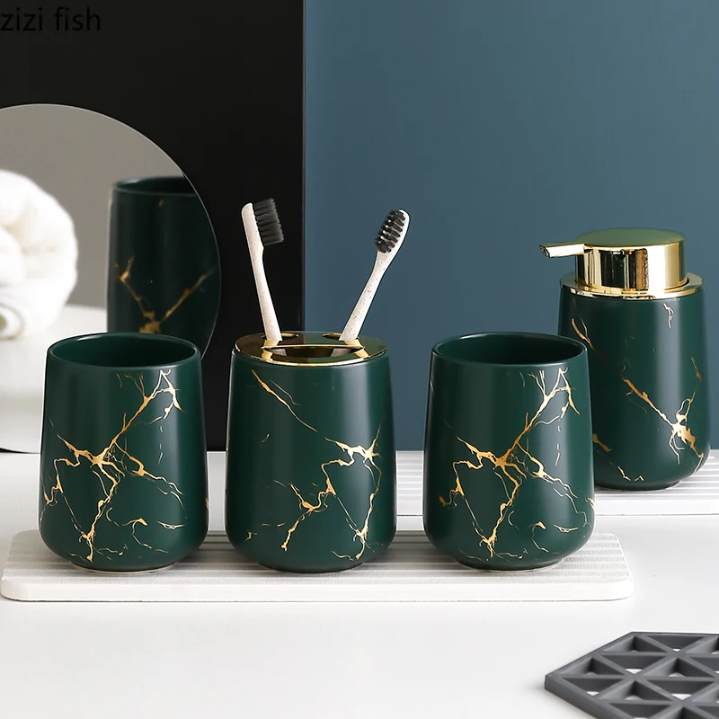 Matte Gold Ceramics Bathroom Set Decoration Soap Dispenser/Toothbrush Holder/cup/Soap Dish tray luxurious bathroom Washing Set