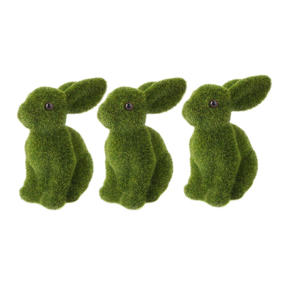 3Pcs Resin Easter Rabbit Decoration Flocked Moss Bunny Statues Durable Yard Garden Desk Ornaments Spring Holiday Party Decor