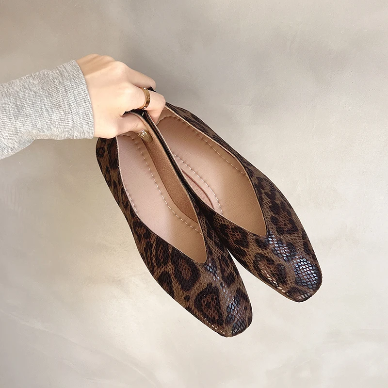 Mocasines de Mujer de Cuero con Estampado de Serpiente, Tallas Grandes 35-43, Zapatos Planos de Punta Cuadrada, Bailarinas, Mocasines Diarios Sin Cordones