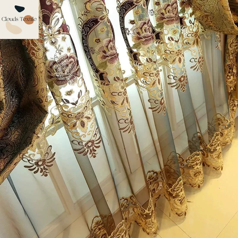 Custom  Size！！European Heavy Industry Embroidery Hollow Gold-coffee Peony Flower Luxury Curtains for Living Dining Room Bedroom