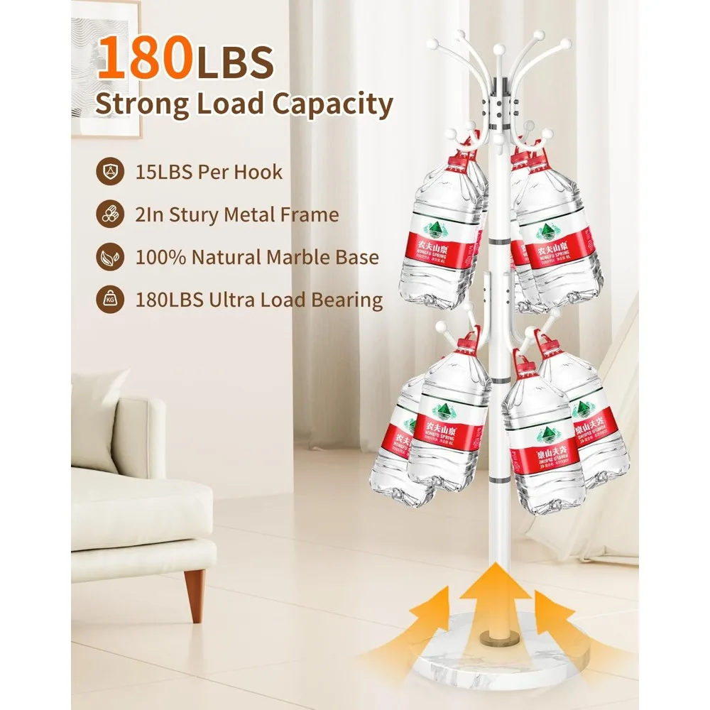 360 °   رف معطف معدني دوار بقاعدة من الرخام الطبيعي، ورف معطف أبيض قائم بذاته وخطافات، وتصميم حديث لمدخل المنزل