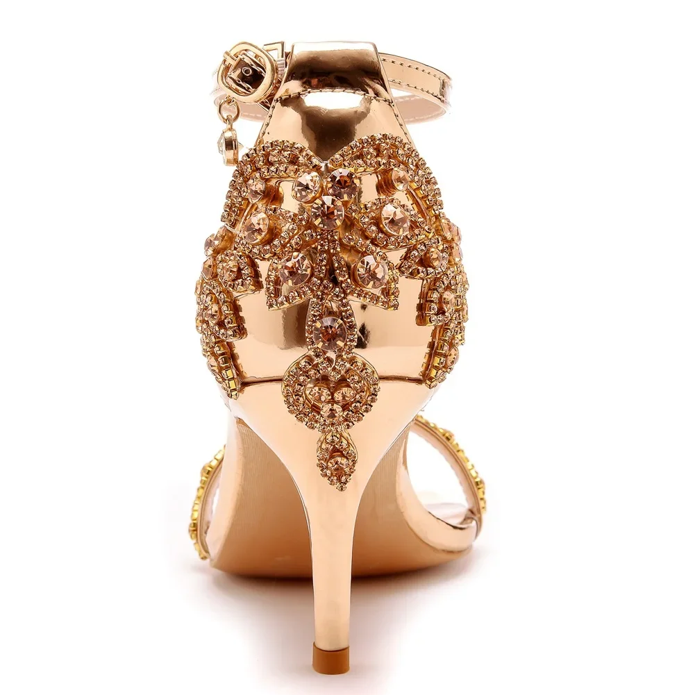7cm shallow mouth straight with thin heel champagne gold diamond strip wedding shoes sexy fish mouth summer sandals
