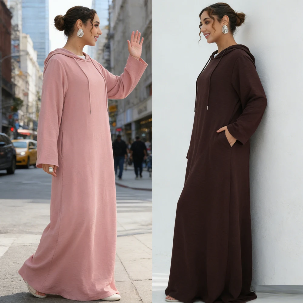 

Женское платье с капюшоном для Ид 2026, мусульманское абайя, дубайский кафтан, джеллаба, одежда для Рамадана, исламская одежда, турецкий кафтан, халат, джаллибия, платье-рубашка, роба