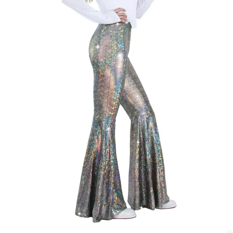 Women Dance Costume Silver Color Shinning Snake Patterned Flared Trousers High Waist Pants for 70s Cosplay Party Stage Wear - Detail 1