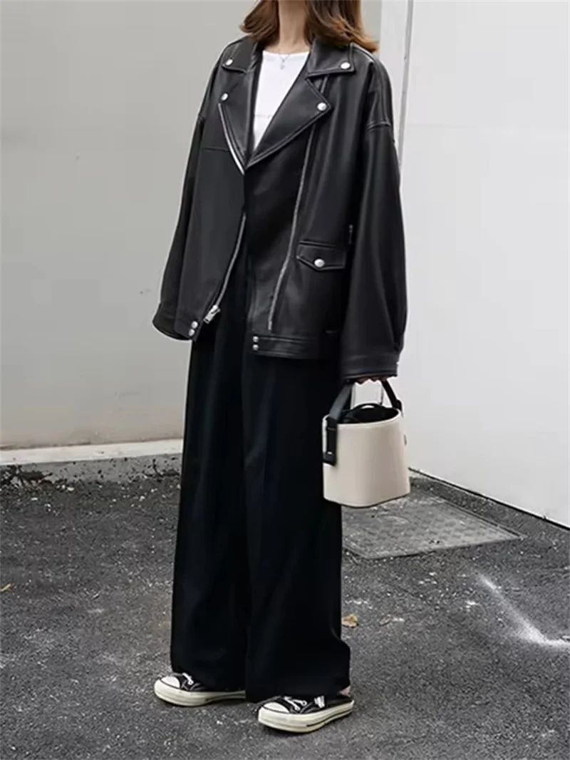 Veste en Faux cuir PU pour femme, vêtement d'extérieur décontracté, noir, à revers, à manches longues, pour moto, nouvelle collection printemps-automne 2025