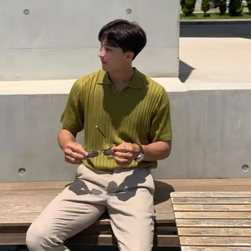 Summer new business light and mature style casual lapel slim-fit knitted sweater men's POLO short-sleeved tide