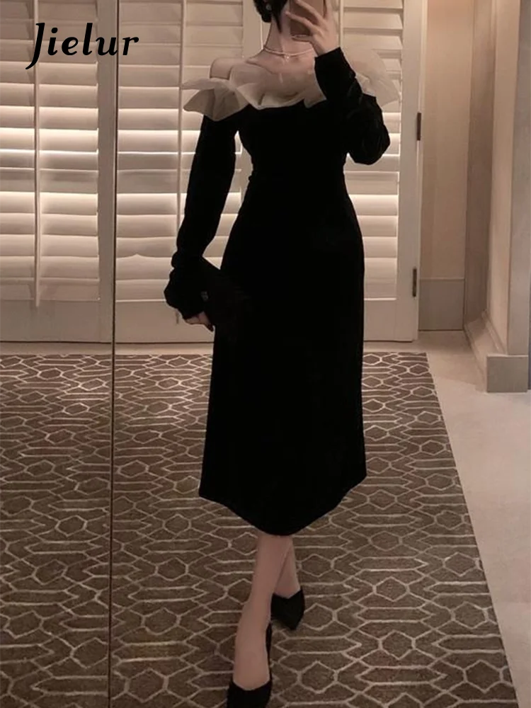 Jielur Black Fashion Velvet Midi Dress Women Long Sleeve Sexy Elegant Lady Dress Pure Color French Vintage Off Shoudler Dresses