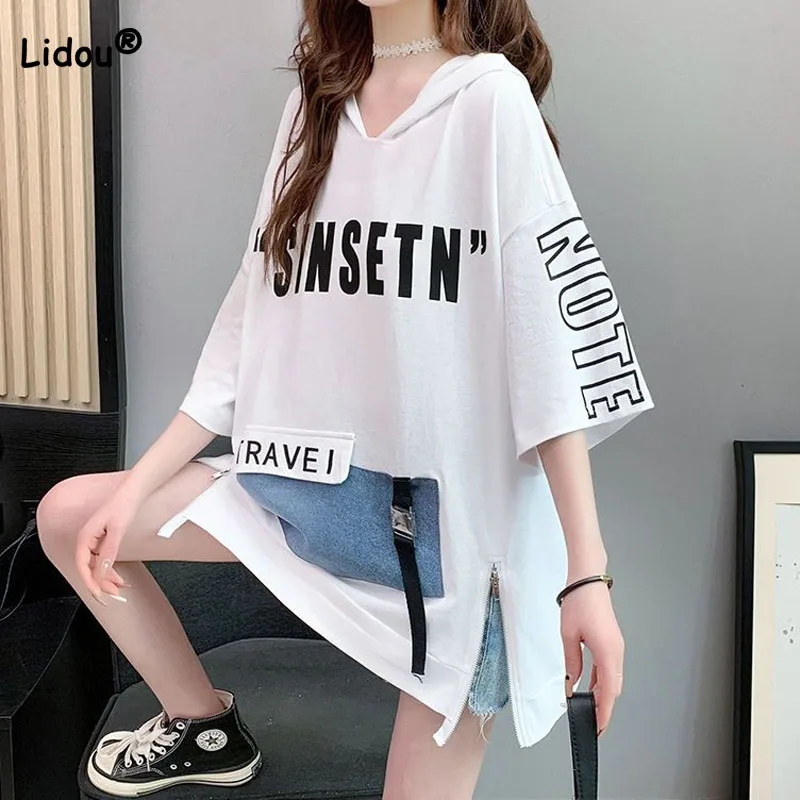 

Fashion Casual Letter Printed Female Hooded T-shirt Streetwear Korean Zipper Spliced Loose Split Tops Summer Women's Clothing