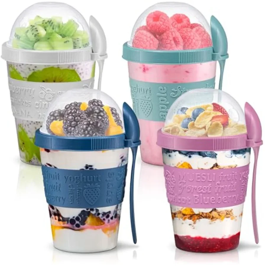 4 Pack - On the Go Yogurt Parfait Cups with Lids, Topping Compartment and Spoon, Yogurt/Parfait Cups for Breakfast Meal Prep, R