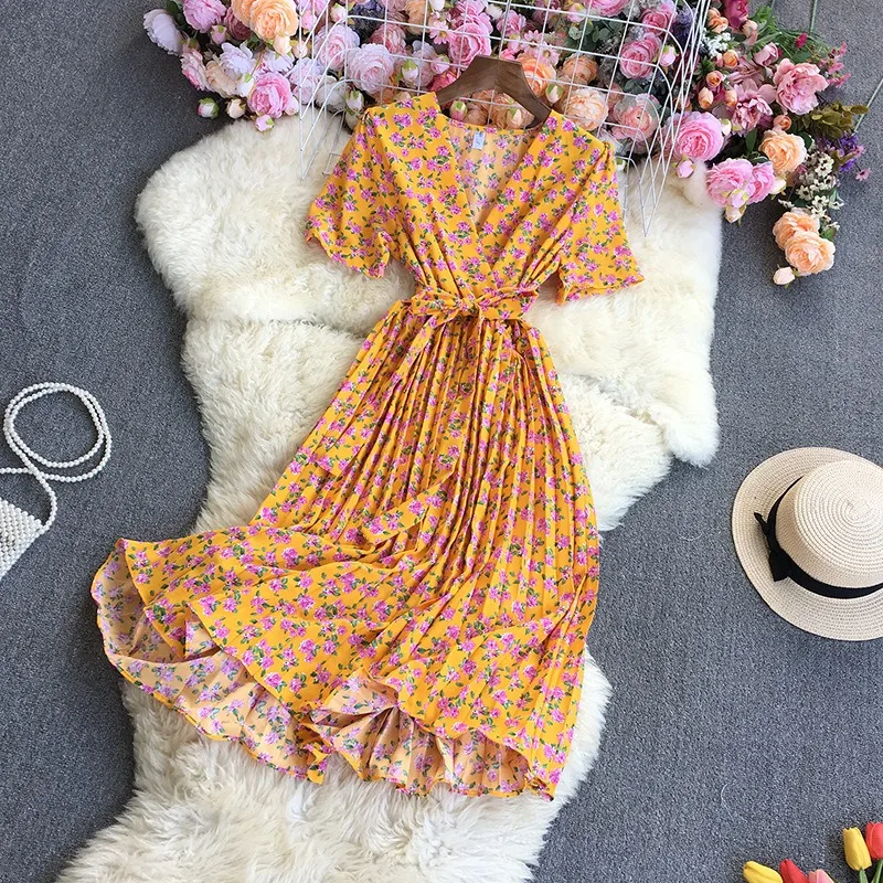 YuooMuoo Chic แฟชั่นดอกไม้พิมพ์ชุดสตรี 2025 ฤดูร้อน SASH BANDAGE จีบชุดเลดี้ชุด Vestidos Robe Femme