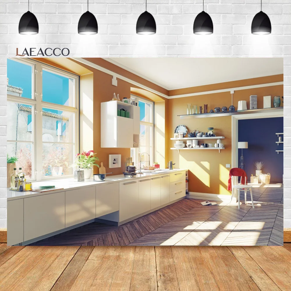 Laeacco Kitchen Backdrops Cooking Room Decor Wood Cupboard Kitchenware Family Portrait Photography Backgrounds For Photo Studio