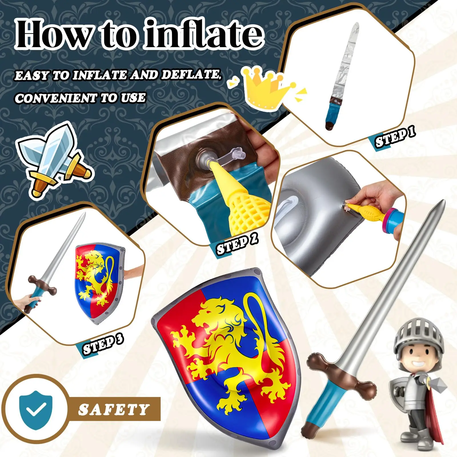 Inflatable ยุคกลาง Joust ดาบและโล่ชุดอัศวิน Blow up ดาบโจรสลัด Shield สําหรับ Pirate Party Favors ยุคกลางอุปกรณ์เสริม