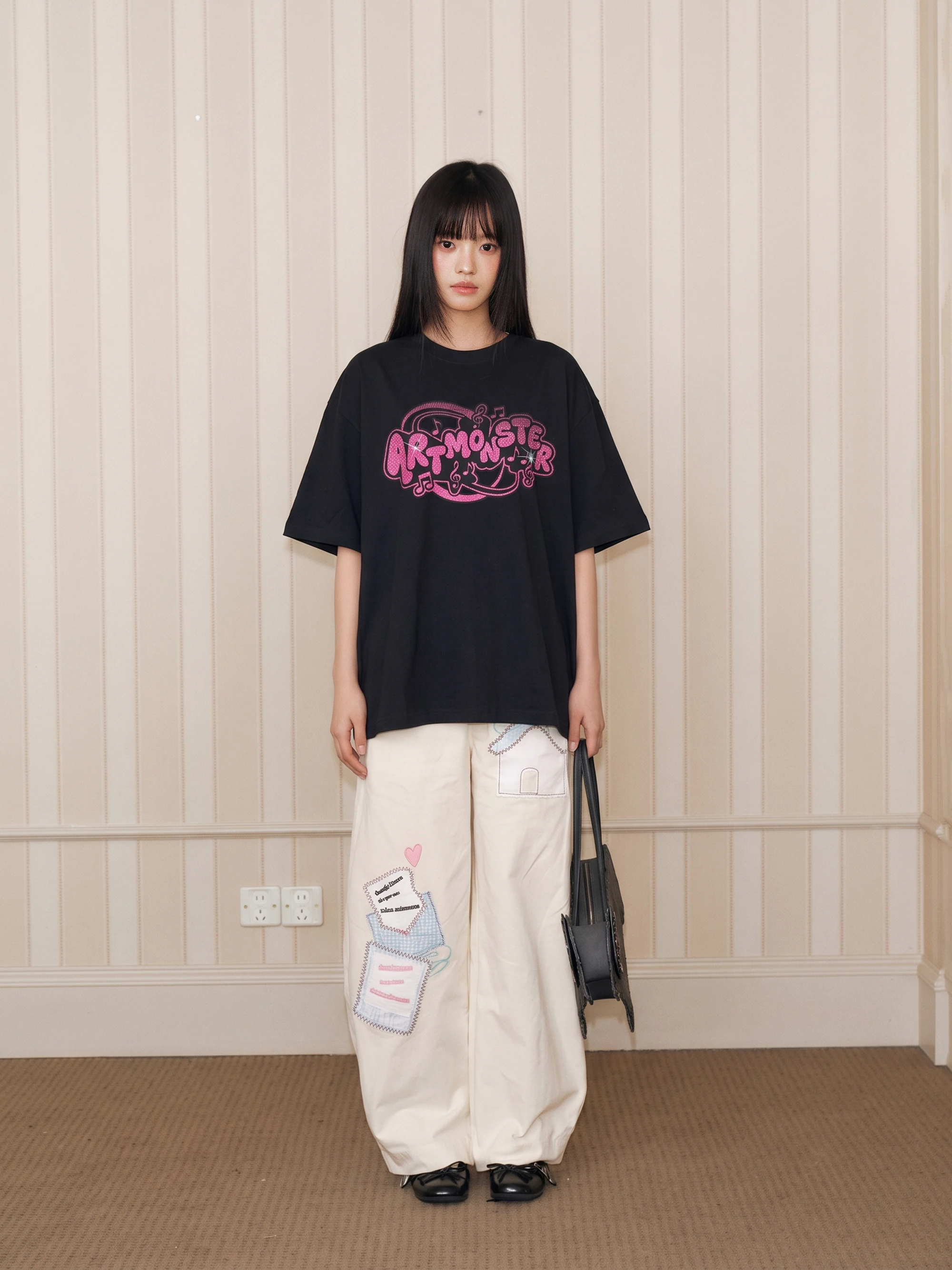 Dancing Space Eeee Street Creative Note Letter Print Short Sleeve Shiny Feel Rhinestone T-Shirt Summer Rock Style round Neck