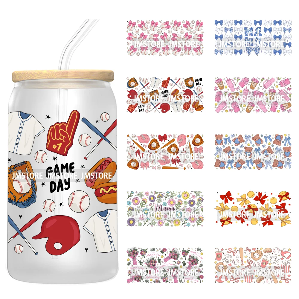 Soft Girl Era Baseball Softball Bow UV DTF Cup Wrap Ready To Apply Transfer Sticker Waterproof For 16OZ Libbey Glass Can Tumbler