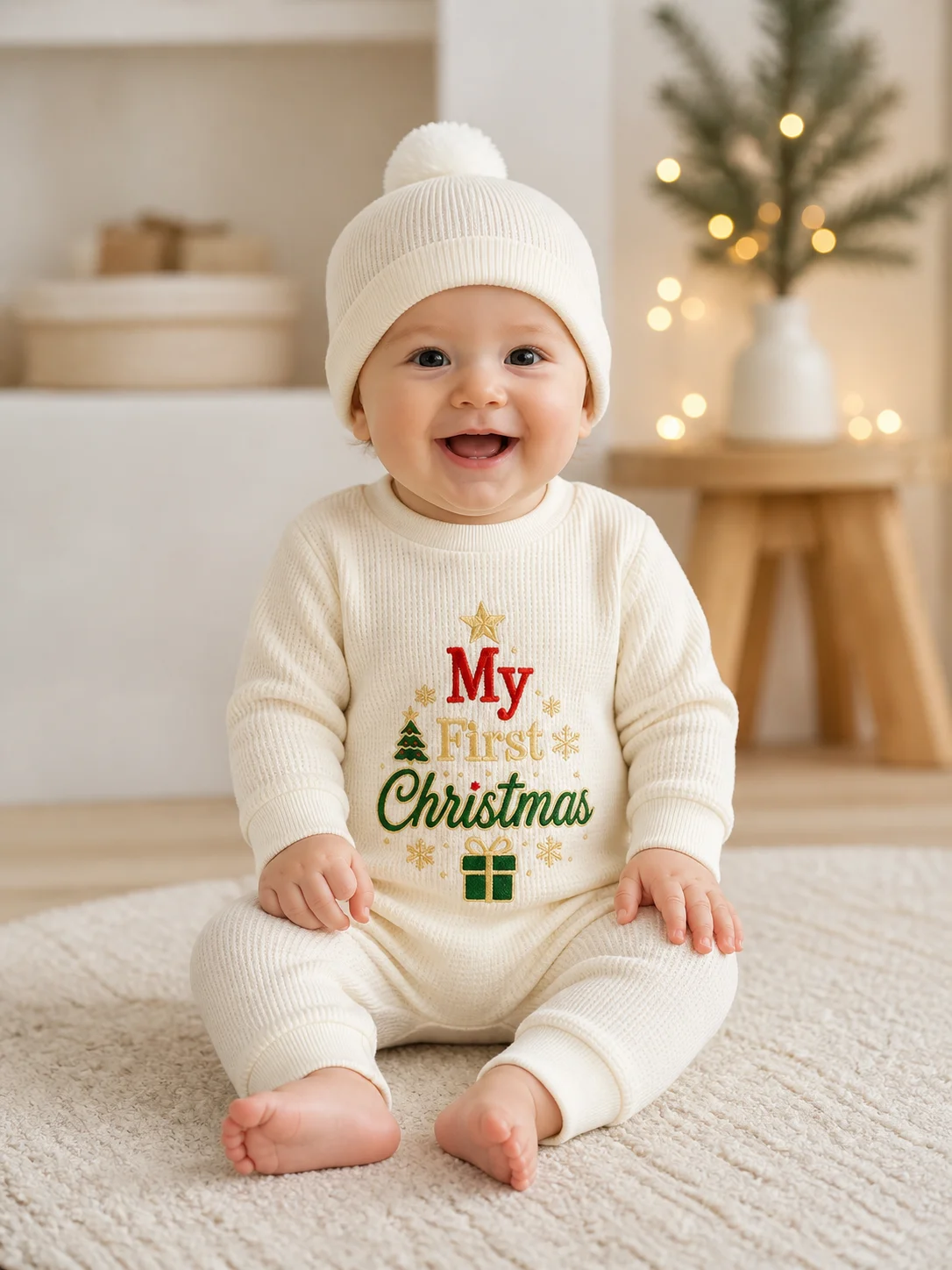 Baby My First Christmas 2Pcs Waffle Romper Set With Pom‑pom Hat Long Sleeve Embroidery Newborn Xmas Holiday Photo Outfit