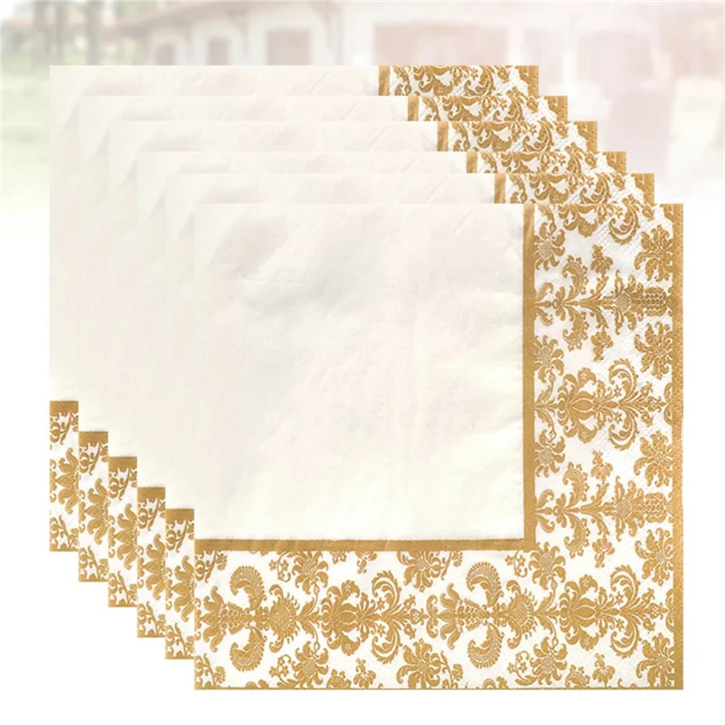 

AA20-300Pcs Gold Printing Disposable Napkin Tissue Paper Printed Napkins For Restaurant And Hotel (Golden + White)