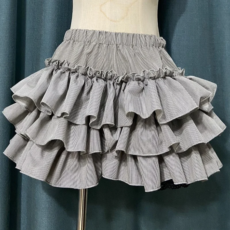 Y2K Gothic Lolita Mini Tiered Skirts Women Casual Chic Punk Ruffles Striped Puffy Skirt Summer Female Sweet JK Lolita Underskirt