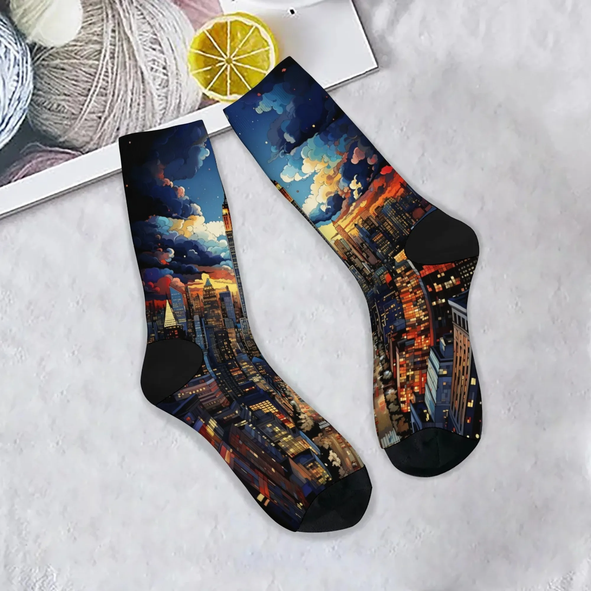 Neuartige, von Harajuku-Skyline inspirierte, bedruckte Herrensocken, Retro-Kunst, trendiges Accessoire, bequeme und atmungsaktive Freizeitsocken, lustiges Geschenk