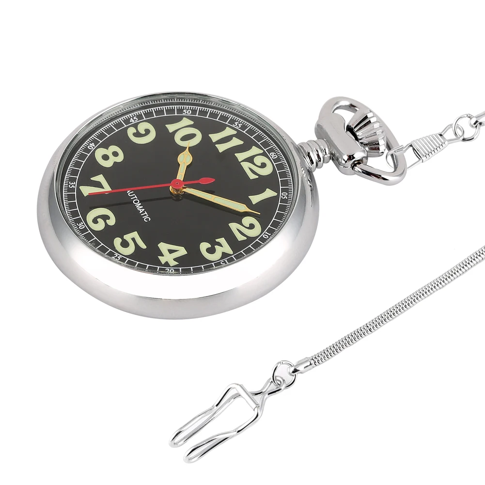 Luminous Arabic Numerals Display Mechanical Self Winding Pocket Watch Exquisite Silver Retro Pendant Clock with 30 cm Fob Pocket