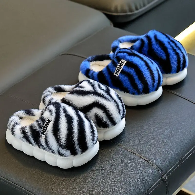 Kids'Slippers Plush Color Blocking Winter Shoes For Children Anti-slip Thick Bottom Home Slipper Blue White Shoes Size 24-41