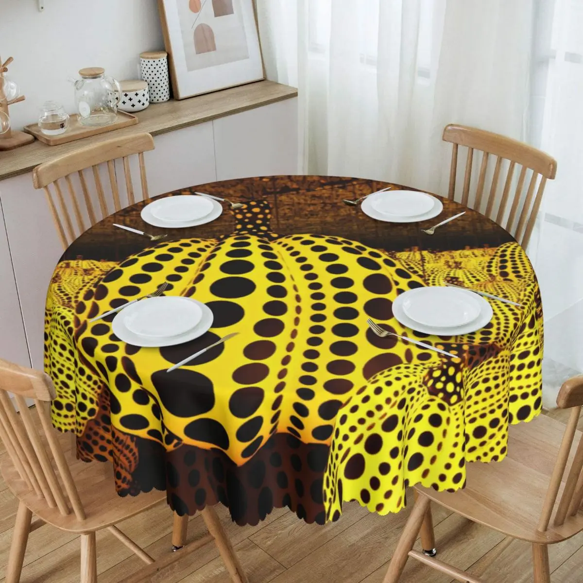 Customized Round Yayoi Kusama Tablecloth 60 inches Kitchen Dinning Table Cloth Spillproof Taker Smashes Pumpkin Table Cover