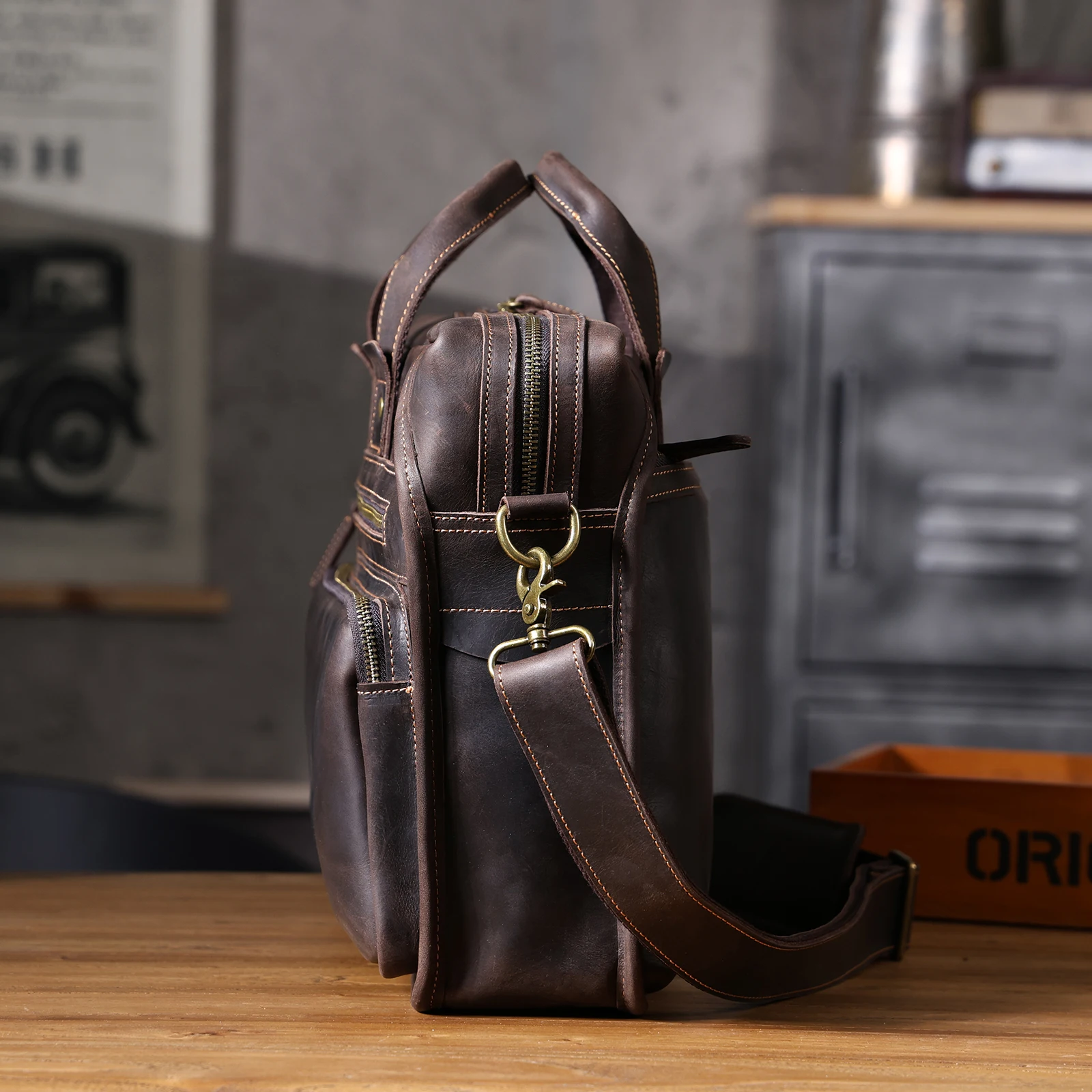 Vintage Echtleder Herren-Aktentasche 14" Laptop-Tasche Crazy Horse Leder Messenger-Handtasche Rindsleder Geschenkidee für Männer – Detail 11