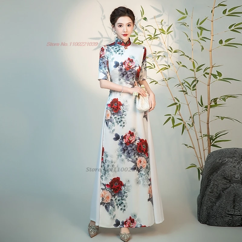 

2024 vietnam traditional aodai dress chinese improved qipao national flower print cheongsam a-line dress evening banquet dress