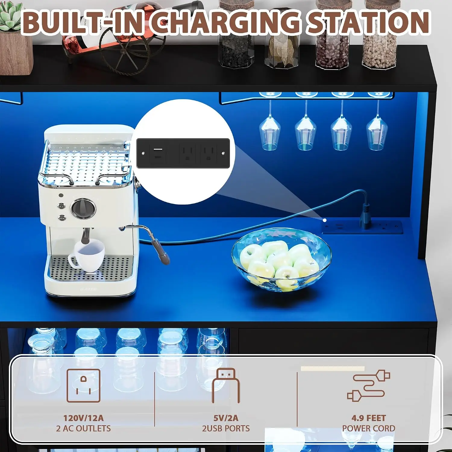 Wine Bar Cabinet Mini Fridge Space Power Outlet LED Light Coffee Bar Storage Buffet Kitchen Dining Living Room, Customized - view 5
