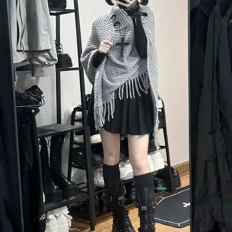 الكورية شال أنيق كيب القمم عادية فضفاض أنيق محبوك سترة المرأة الجمالية أبلى شرابة تصميم Y2k البلوز شيك