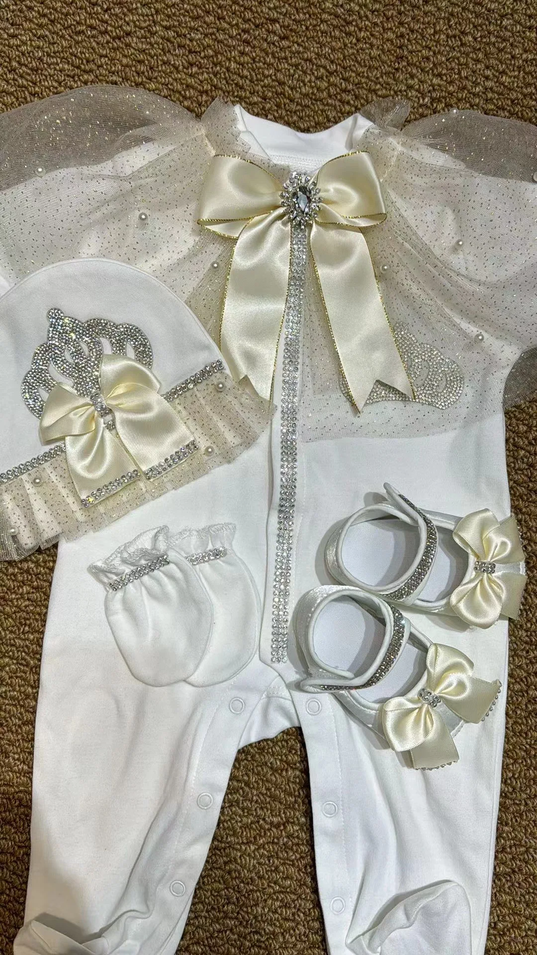 Beige Baptism Baby Girl 0-6m Coming Home Hospital Outfit Cape shawl Pearly Sparkle Bling Wedding Sequines organza 4pcs Layette