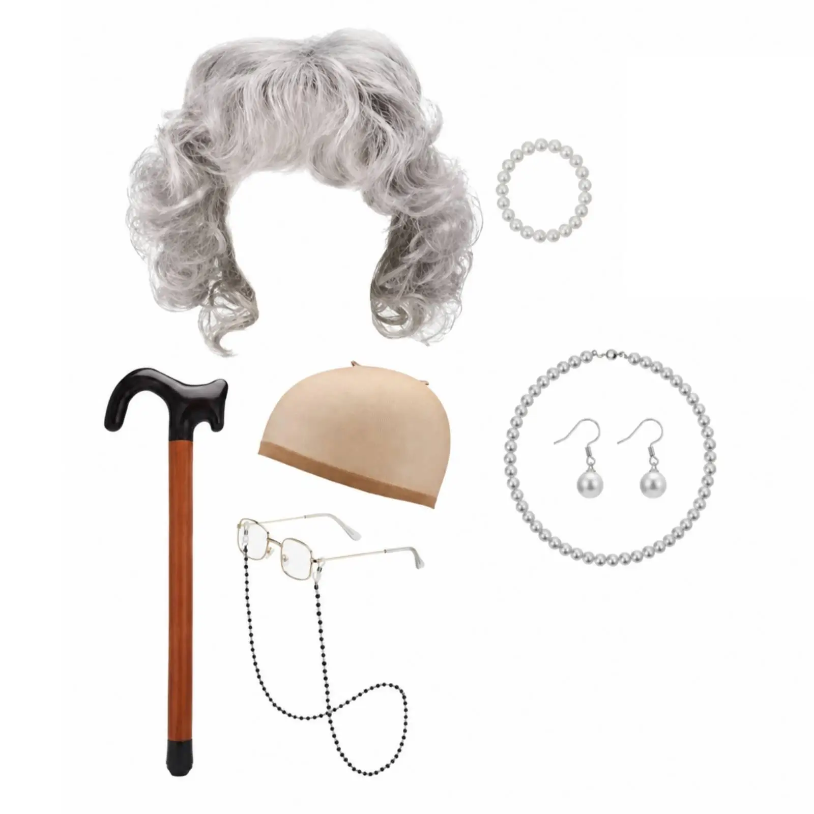 Short Curly Wig for Women Light Grey Grandma Hairpiece with Glasses Cane Jewelry Halloween Costume Accessories Set