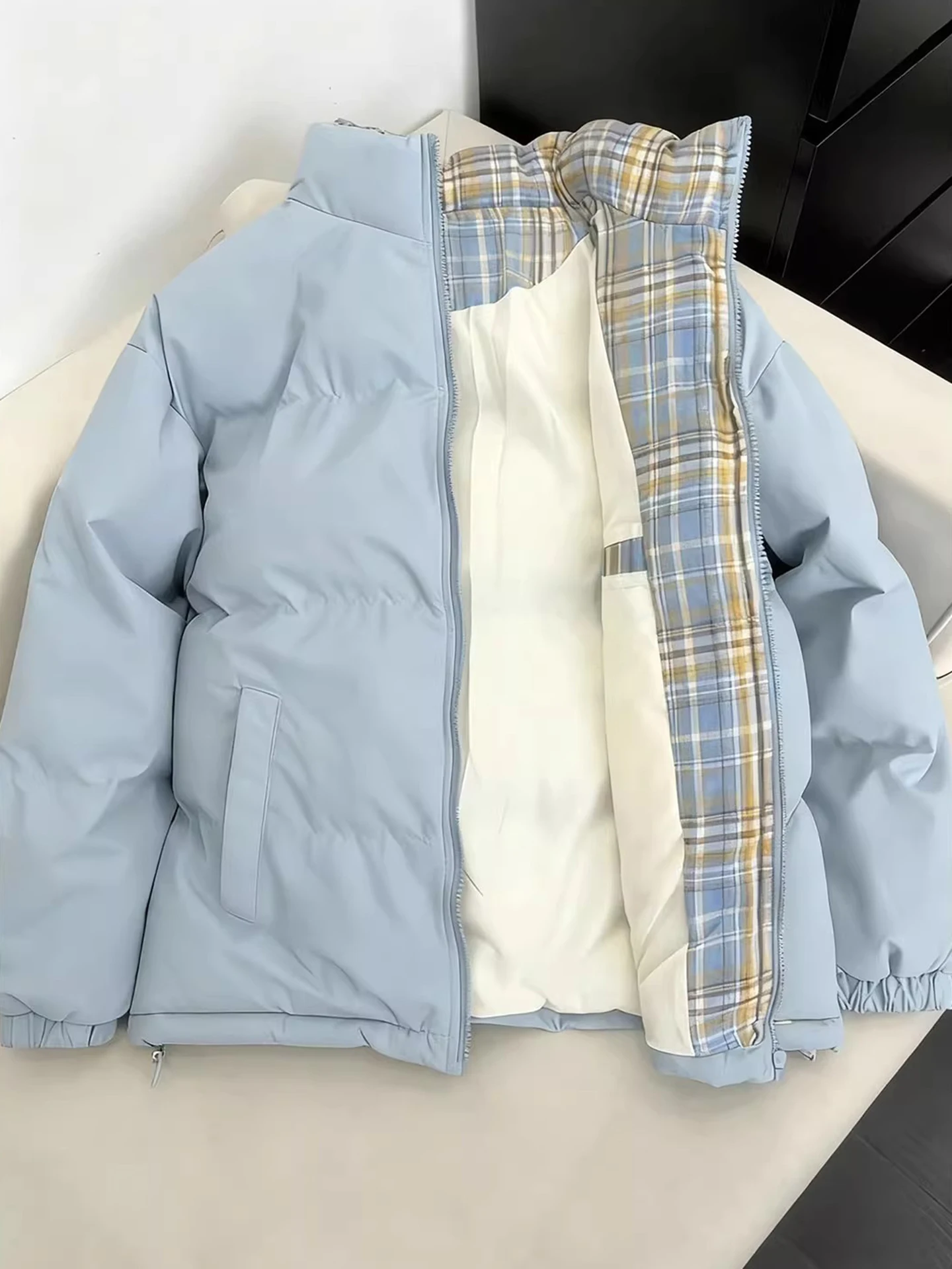 

Thiened Plaid Splicing Stand Collar Men's Cotton Jaet Winter Warm High-End Bread Sle Outerwear American Couple Coat