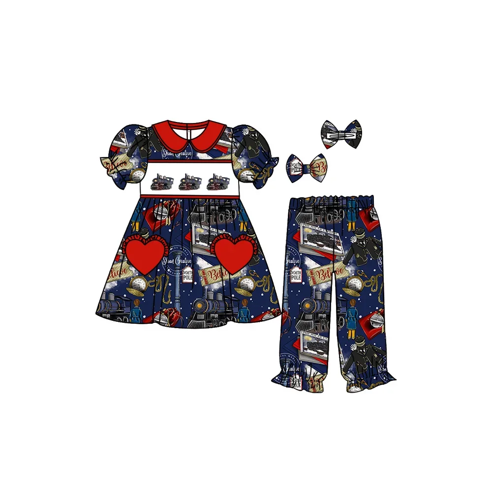 Boutique Children's Suit Christmas Long-Sleeved Boys and Girls Short-Sleeved Elastic Trousers Set Train Print Baby Nightgown Set